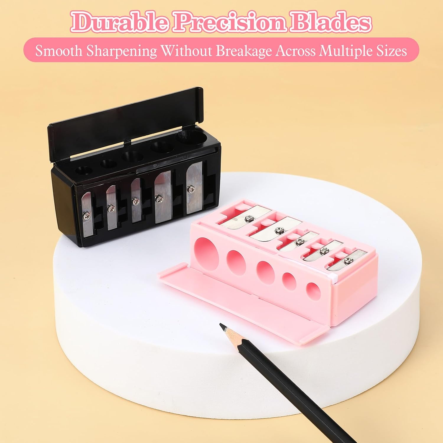 Pencil Sharpener Makeup, 2 Pack 5 Hole Lip Liner Sharpener for Gel Eyeliner Lipliner Cosmetic Eye Liner Pencil, Black & Pink