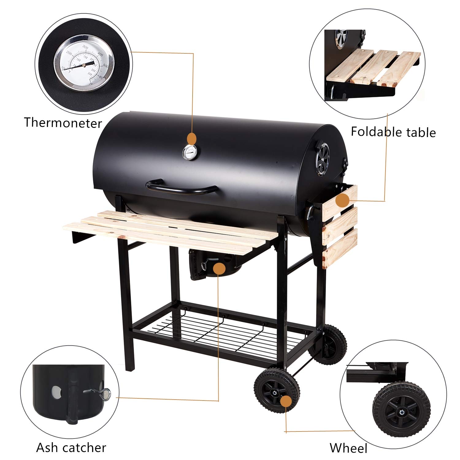 Barbacoas de Carbón Parrilla con Ruedas para Jardín Exterior BBQ con Soportes Facil Movimiento, con 2 Estantes de Madera Plegable para Almacenar Comidas, 101×70.5×94.5CM