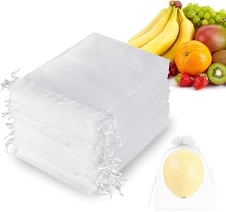100Pcs Fruit Protection Bags 6x8 inch,Organza Fruit Netting Bags,Netting Cover Bags with Drawstring,Garden Plant Fruit Protectors Pest Barrier Bag for Mangoes Tomatoes Fruit Trees Veggies (White)