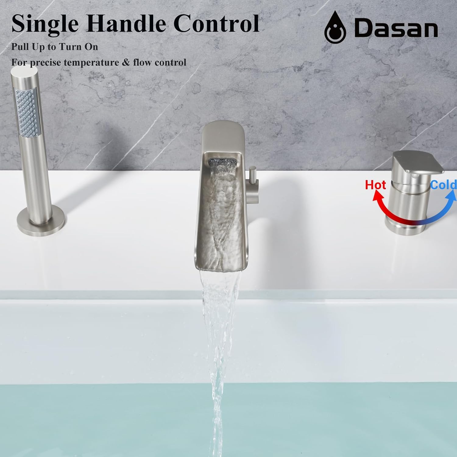 DASAN Roman Bathtub Faucet Set with Handheld Shower Sprayer Deck Mount 3-Hole Tub Filler Faucet Set, Brushed Nickel Waterfall Roman Tub Faucet with Valve Included, DA-TF09WH-BN