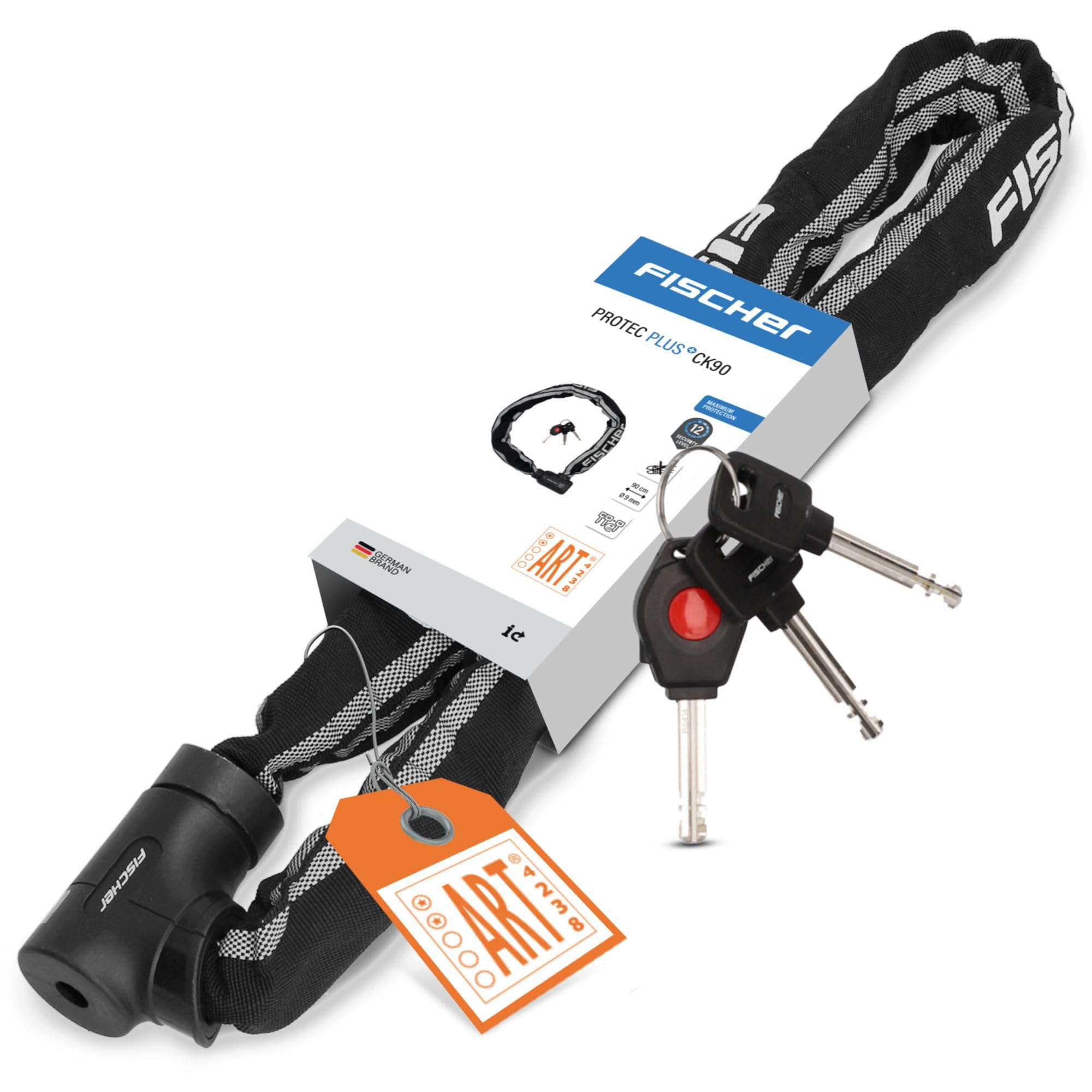 FISCHER PROTEC Plus+ CK100 - Lucchetto a catena per bicicletta, in acciaio, certificato di sicurezza, con 3 chiavi, colore: nero, 1 pezzo