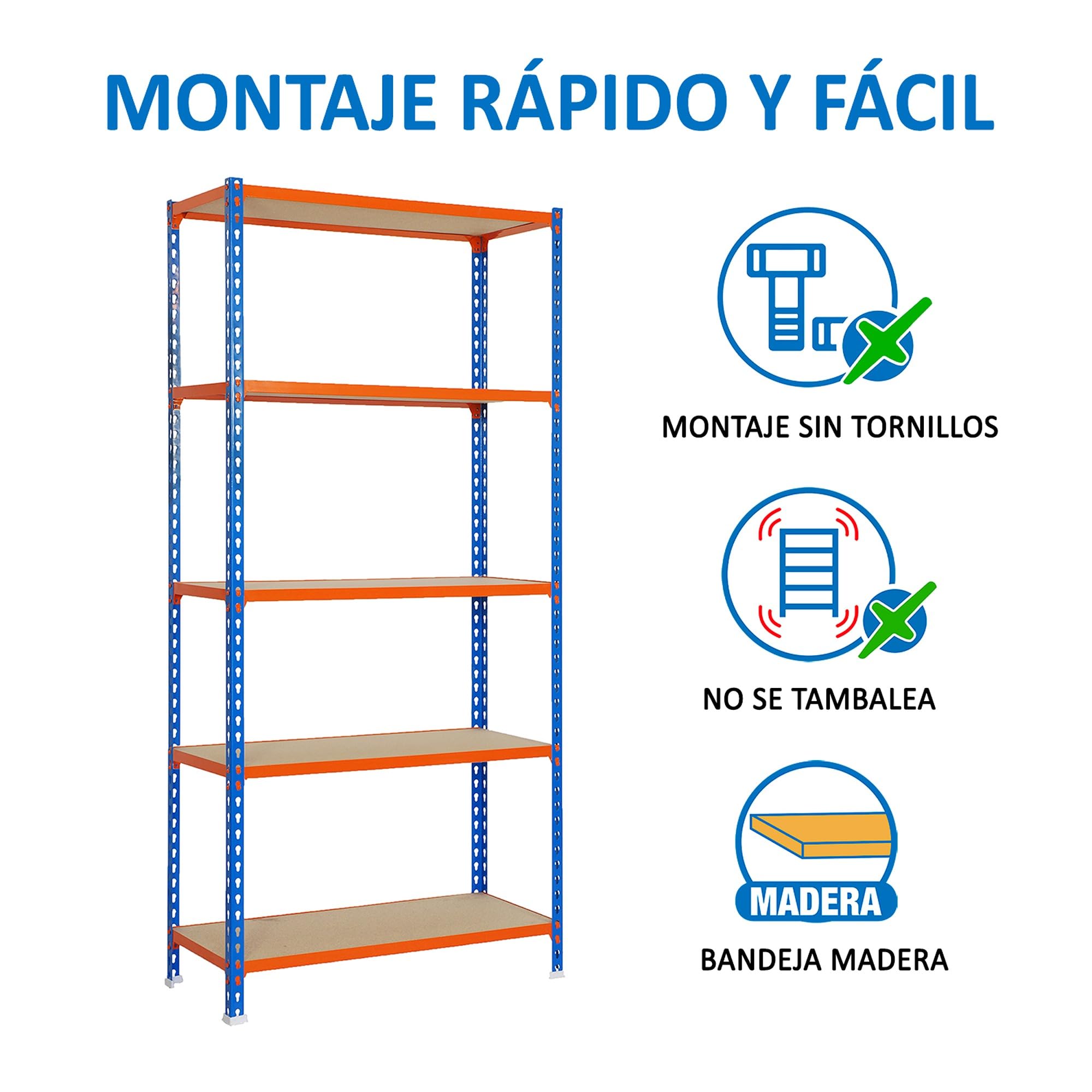 SimonRack Estanteria Metalica, 5 Baldas Madera Ajustables, 200 kg de Punto Flexión, 2000x1200x500 mm, Estantería Almacenaje, Sin tornillos, Azul/Naranja/Madera - Maderclick | 5 Alturas, Bandeja Madera, 200 kg de Punto Flexión, Azul/Naranja , Pintura antic