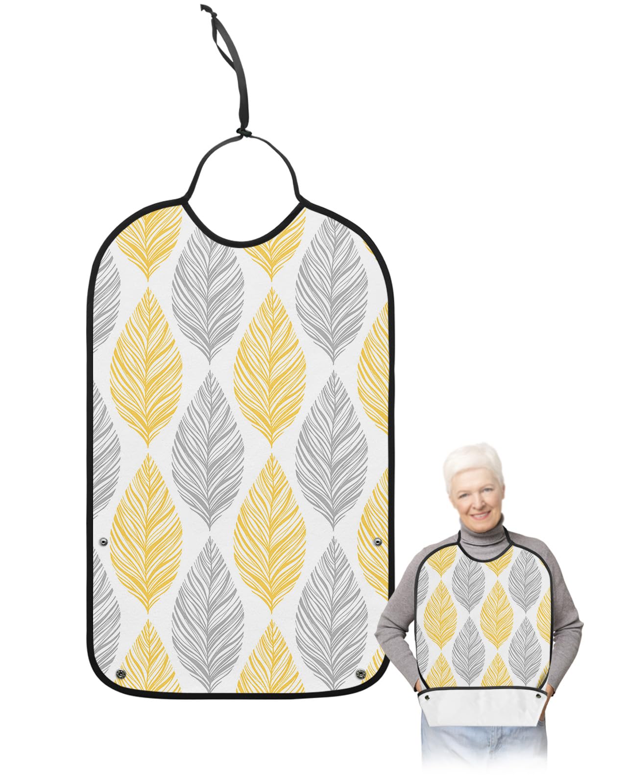 Kewadony Adult Bibs for Elderly Women - Yellow and Grey Leaf Texture Waterproof Dining Clothing Protectors with Crumb Catcher for Eating/Feeding, Abstract Art Leaves Terry Cloth Bib Machine Washable