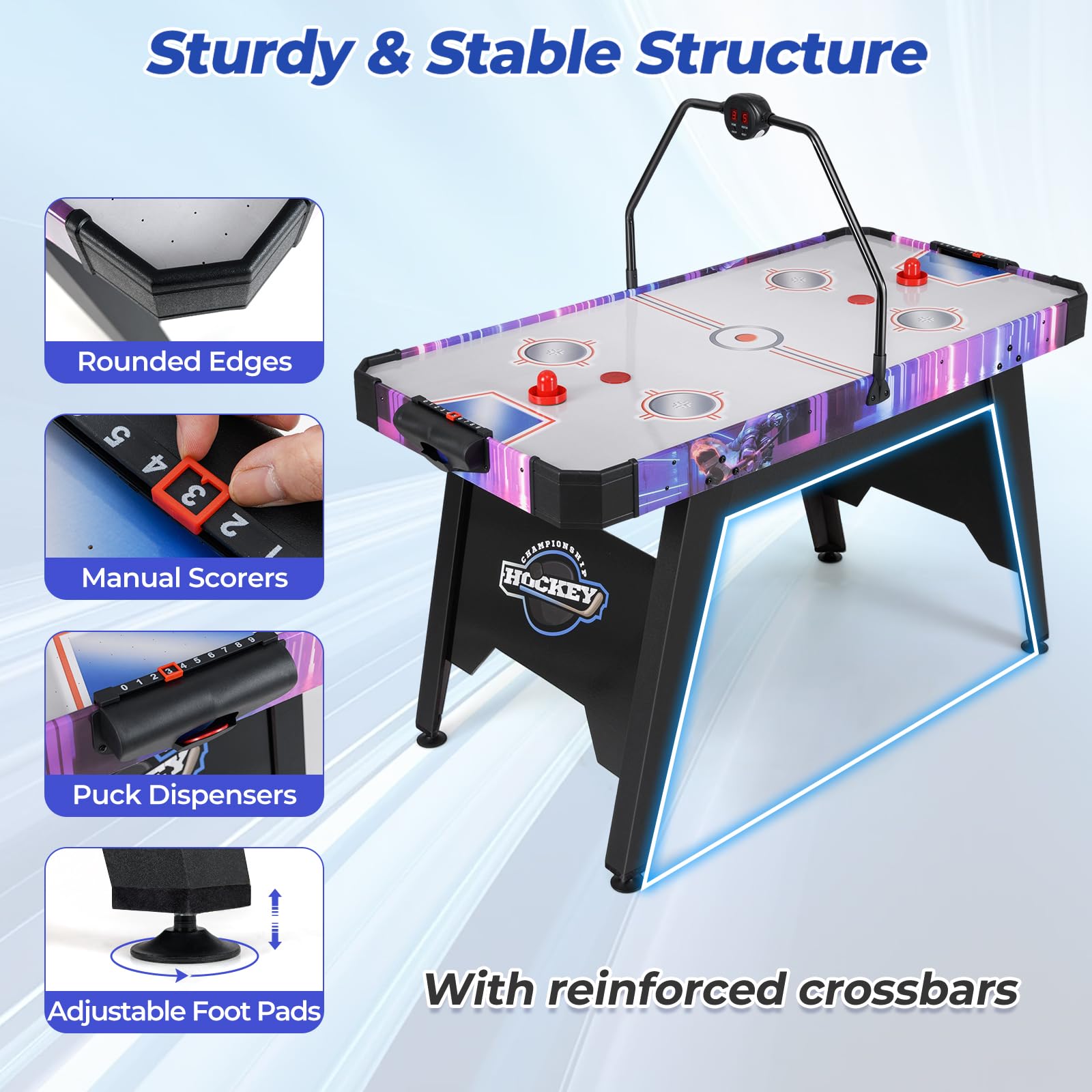HOMASIS Tavolo da Gioco di Air Hockey con Tabellone Segnapunti LED, 2 Aste e Dischetti, Pedali Regolabili, Tavolo da Hockey per Famiglia, Bar, Casa, Ufficio, per Bambini e Adulti