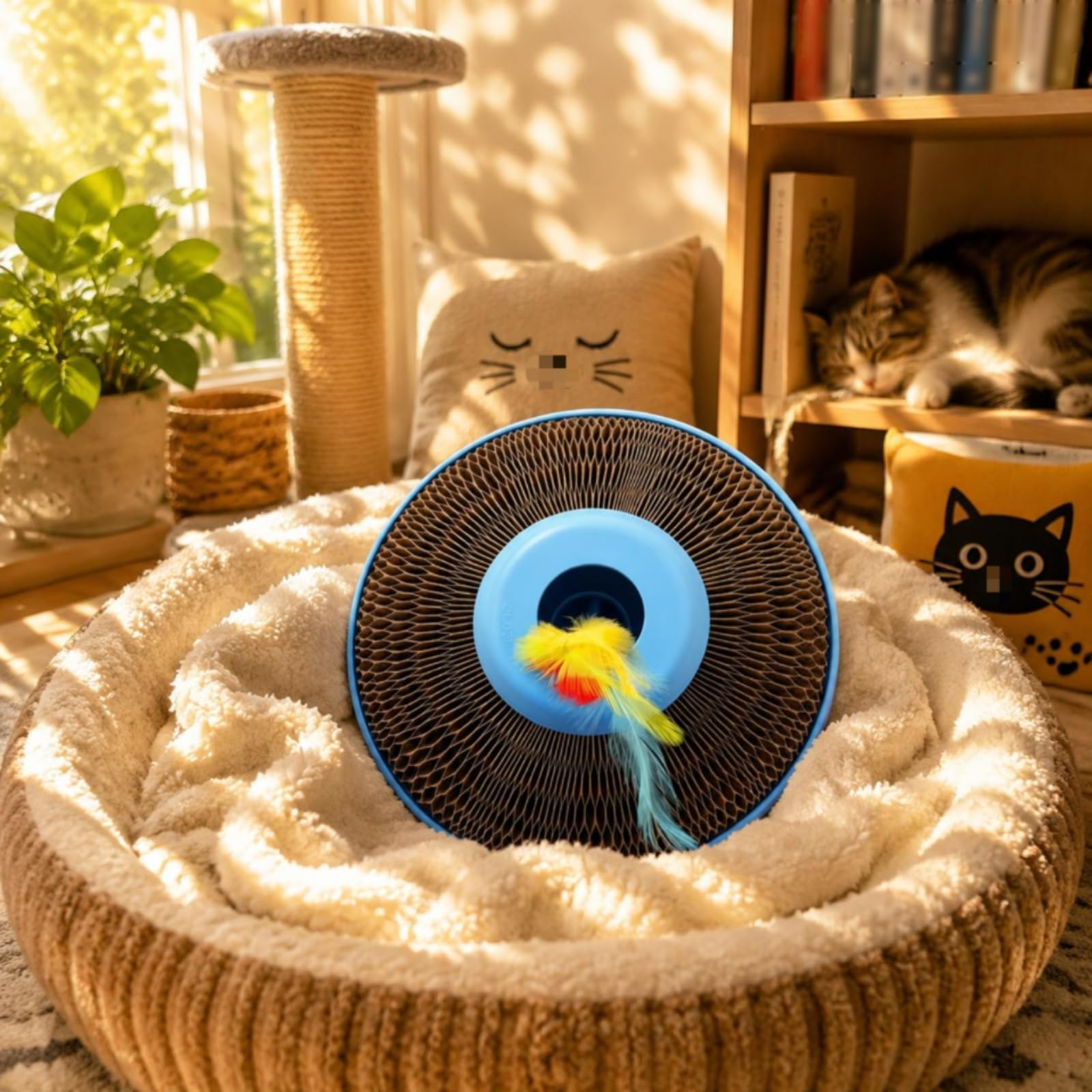 Feline Interactive Elektronisches Katzenspielzeug Kugel Kratzkugel mit Federteaser aus Karton für Wohnungskatze Aktivspiel Beschäftigung Geschenk Zuhause Indoor Bewegung163mm