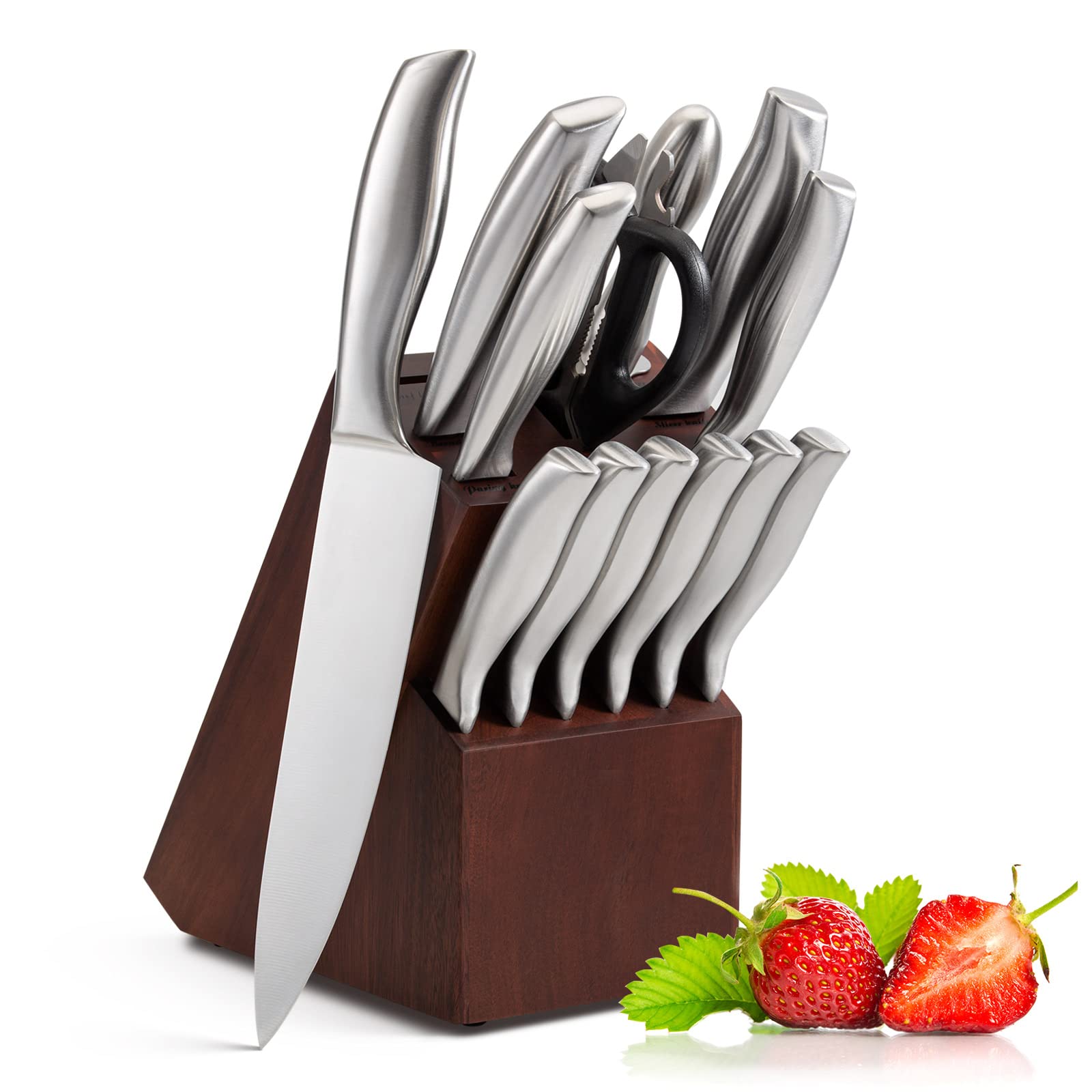 Knife Set, 14 Piece Kitchen Knife Set with Block, Chef Knife set with Sharpener, Serrated Steak Knives, High Carbon Stainless Steel Knife Sets Bread Knife Cooking Knives Sets (Senior Silver)