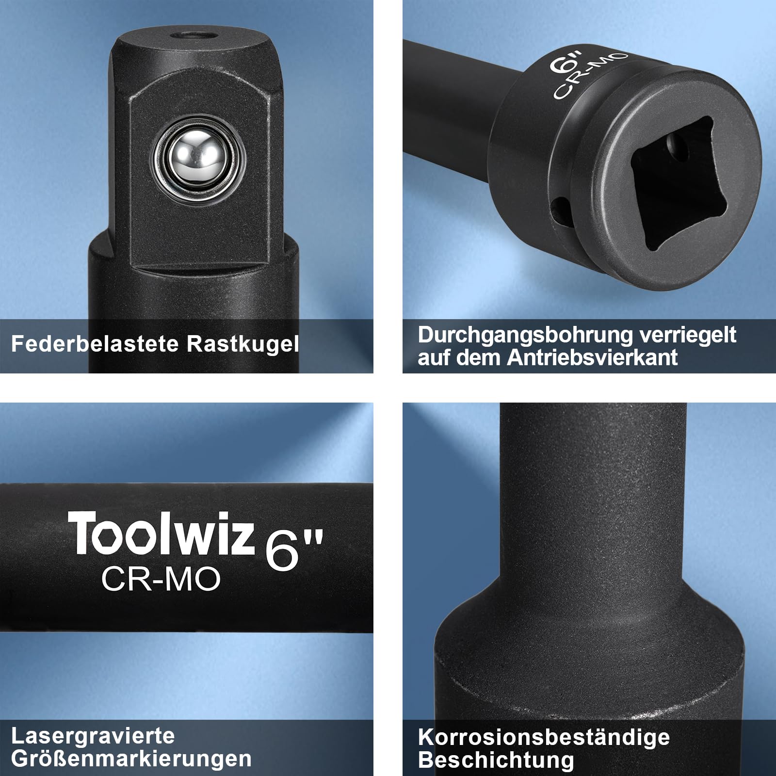 Toolwiz 1,9 cm (3/4 Zoll) Antriebsschlag-Verlängerungsstange, 10,2 cm, 15,2 cm, 25,4 cm (3 Stück), Cr-Mo-Stahl-Schlagschrauberwerkzeuge, erweitern Sie das Sortiment an Schlagschraubern, organisiert in