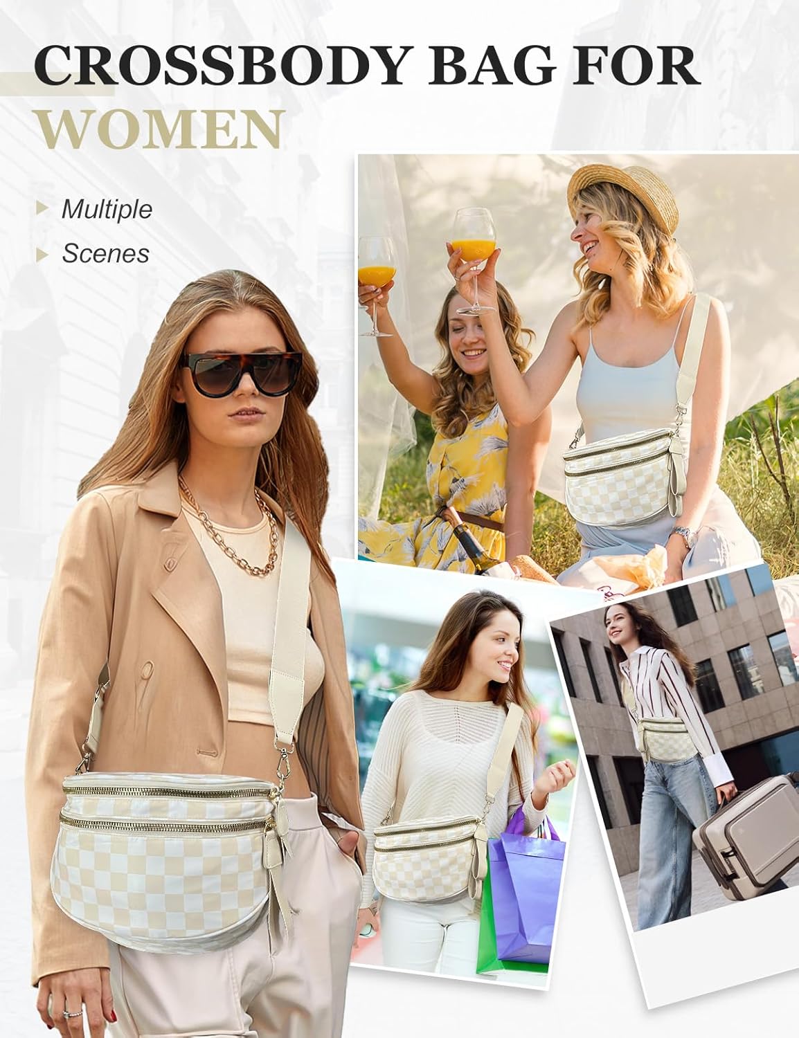 Checkered Nylon Crossbody Bag for Women, Spacious Checkered Bum Bag Purse Shoulder Bag Sling Bag with Shoulder Strap - Image 5