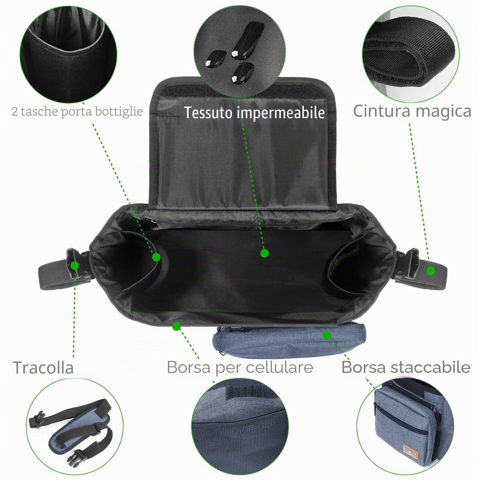 Nuova borsa portaoggetti passeggino, organizer passeggini contiene 2 portabiberon per pannolini e giochi, Adatto a tutti i modelli di Buggy