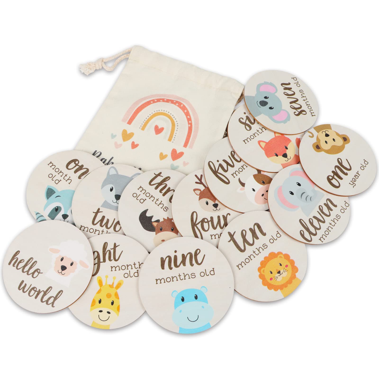 Anyzal 13 Pcs Hello World Newborn Baby Announcement Sign with Cute Woodland Animals Pattern Wooden Baby Monthly Milestone Card Used for Baby Pregnancy Photography Props