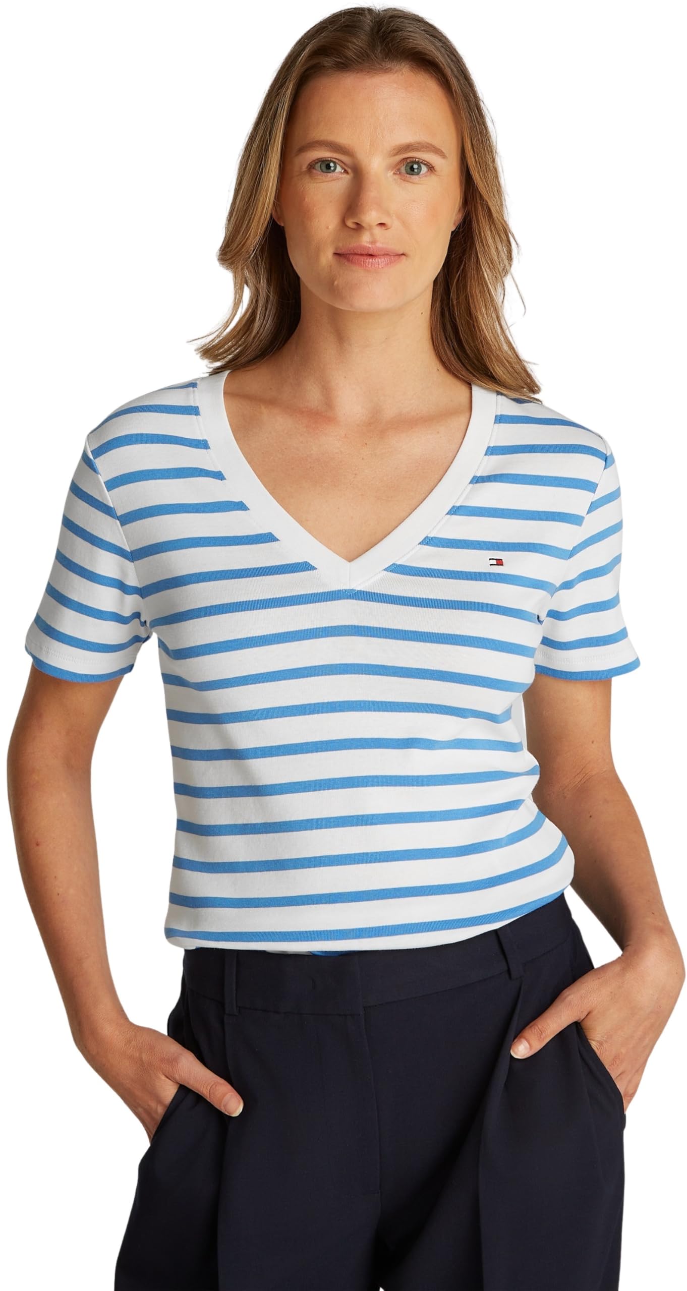 Tommy Hilfiger Women's Blue V-Neck Striped T-Shirt in Size 8, Sports Direct