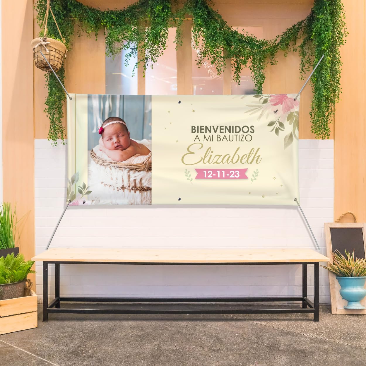 Cartel Personalizado para Bautizo con Foto, Nombre y Fecha en 21 Tamaños – Ideal como Pancarta Personalizada con Lona Impresión UV - Banner o Photocall para Decoración Bautizo Niño o Niña (Beige)