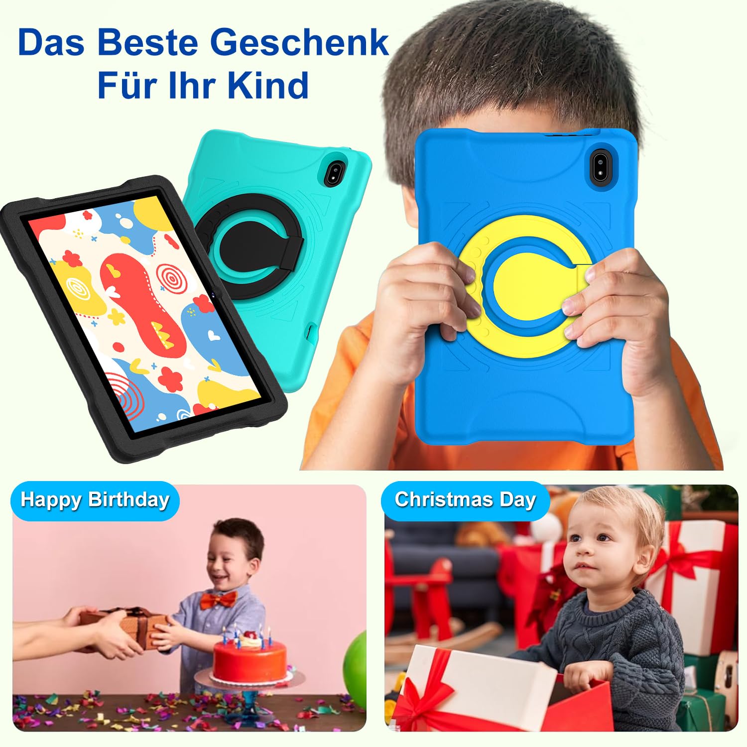 2026 Neueste Kinder Tablet 10 Zoll Android mit 5G WiFi 6, 20 GB RAM+128GB ROM(TF 2TB),Kindersicherung, 6000mAh, BT 5.0,Octa-Core, Widevine L1, 1280*800,GMS Certified Kids Tablet mit Eva Case-Blue