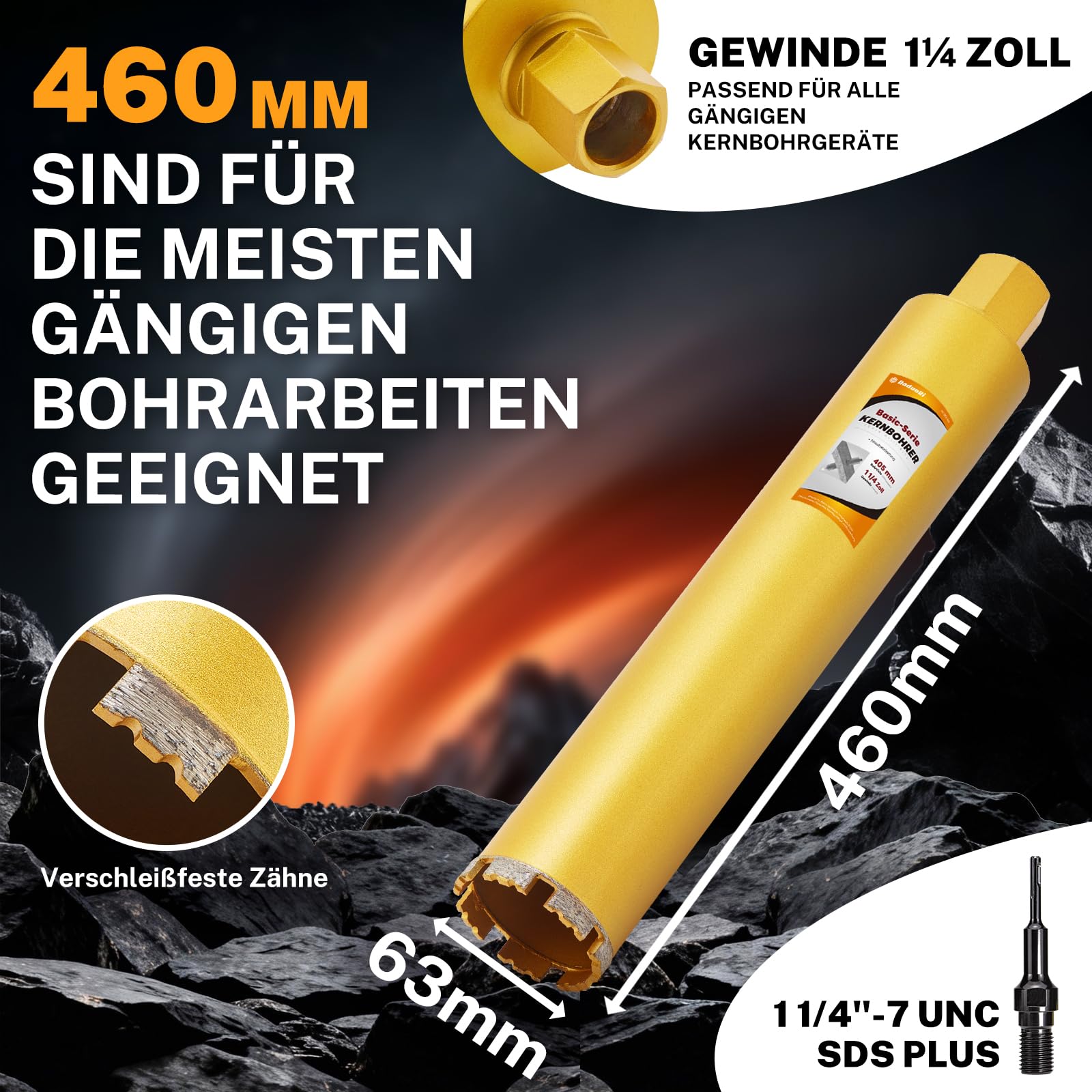 Punta da trapano Ø 63 mm x 460 mm con SDS Plus, corona da 1-1/4", per calcestruzzo armato, muratura, pietra naturale, mattoni (lunghezza utile 410 mm)