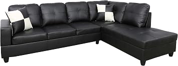 Golden Coast Furniture Sectional Sofa Set, L Shape Couch, Living Room Sofa Set, Leather Sectional Sofa with 2PC Accent Toss Pillows Right Hand Facing, BlackWithout Ottoman