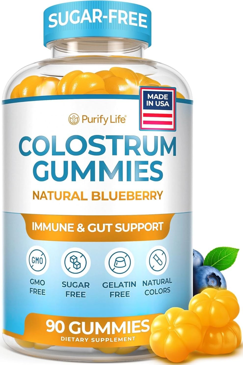 Sugar-Free Colostrum Gummies (1500mg) Bovine Colostrum for Humans, Grass-Fed Supplement for Gut Health, Leaky Gut Repair, Immune Support, Skin Health - 35% IgG Per Serving