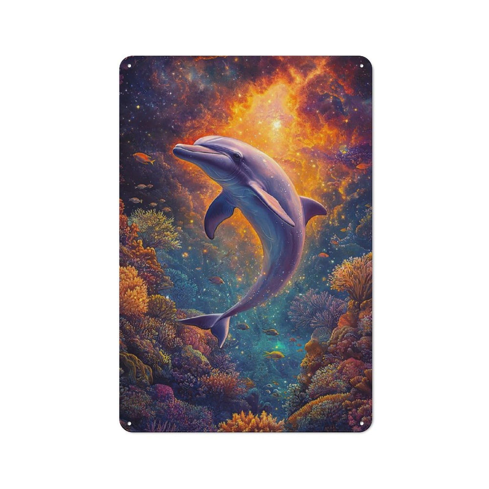 Junmoney Dolphin In Space Vintage Tin Sign 30X20cm With For Guest Room Or Hallway, Suited To Wall Displays In Guest Rooms And Hallways