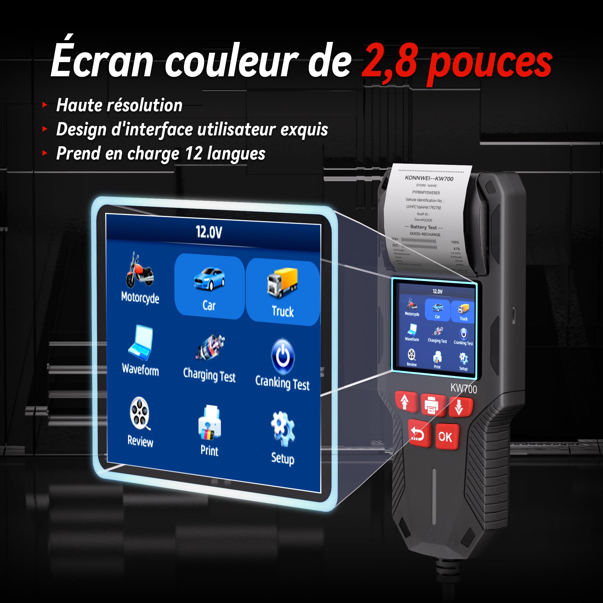 Testeur Batterie Voiture, KONNWEI KW700 12V 24V Testeur de Batterie et Alternateur Professionnel Analyseur de Batterie de Démarrage avec Imprimante Intégrée pour Auto Voiture Camion Moto