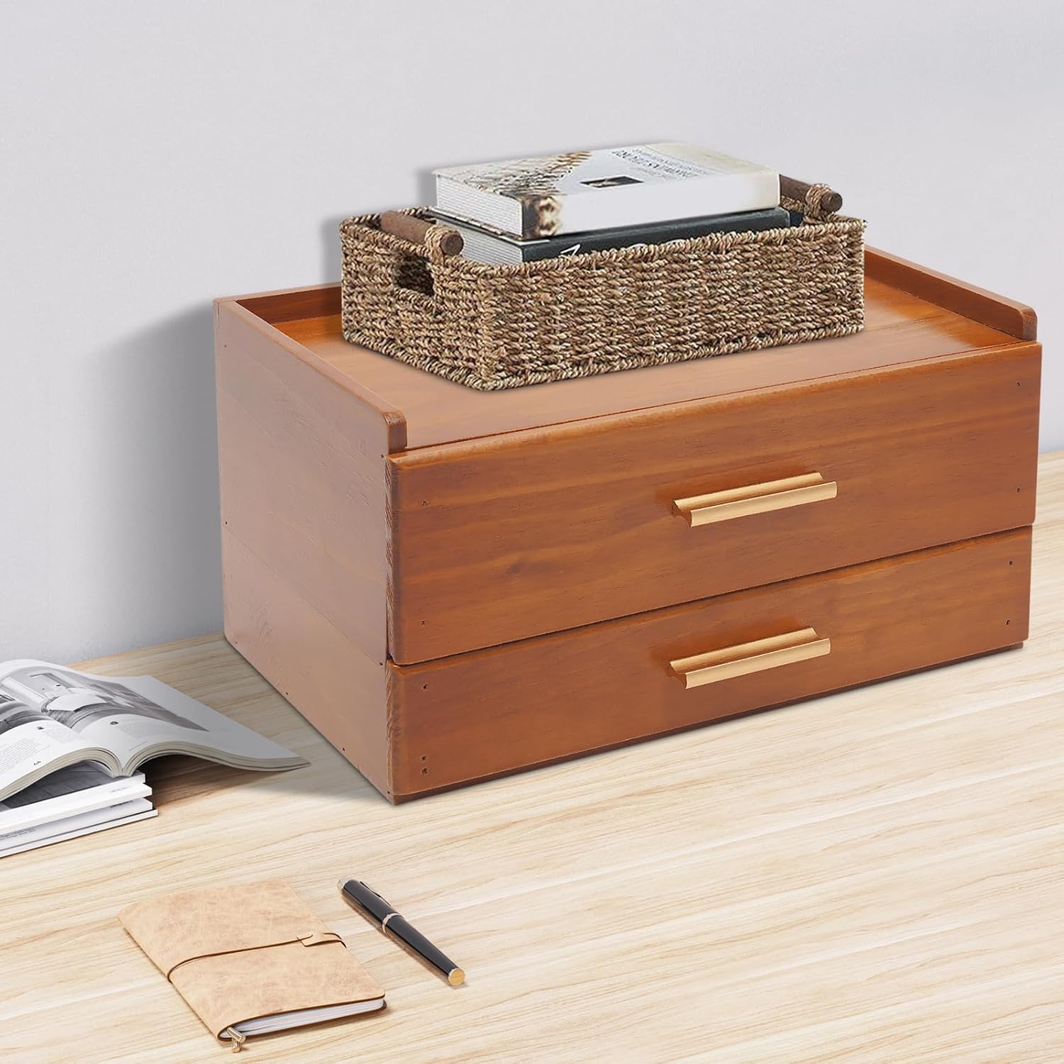 Wood 2 Drawer Desktop Organizer Cabinet - Desk Storage Box for Kitchen Counter,Dresser Tabletop - 2-Tier Wood Tabletop Cabinet for Home Workspace Counter Vanity