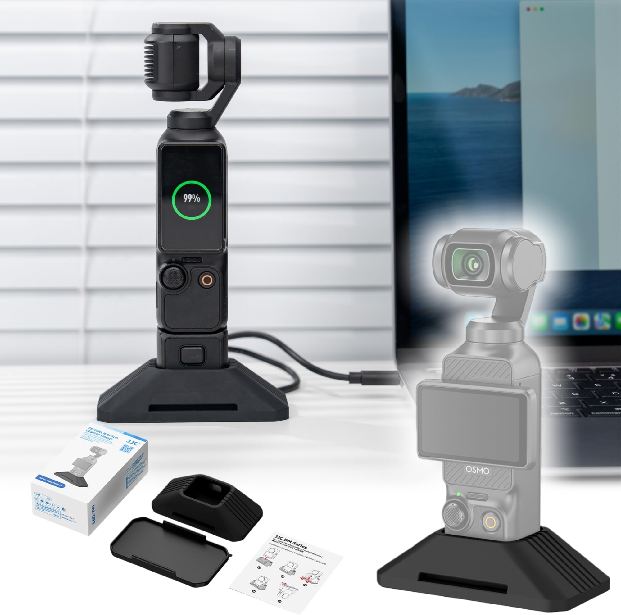 JJC Osmo Pocket 4 3 Silicone Base,Non-Slip Desktop Mount with Adhesive Plate for DJI Osmo Pocket 3,Car Dash Action Camera Holder Compact Pocket4 Pocket3 Accessories Desk Stand (Charging Unobstructed)