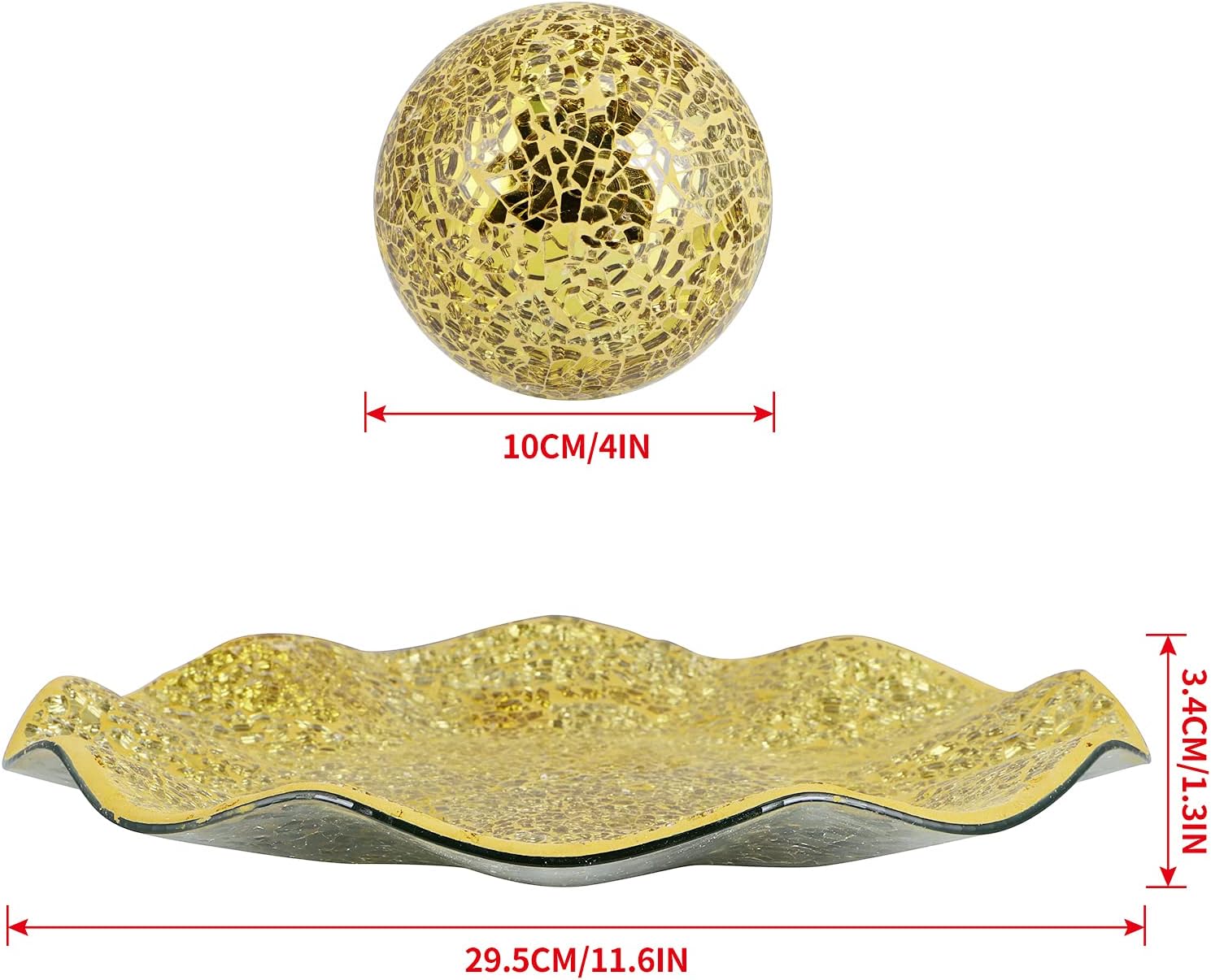 MDLUU Centerpiece Bowl and Balls Set, Mosaic Tray with 3 Pieces Spheres, 12" Decorative Plate with 4" Mosaic Orbs for Home Decor, Gift (Gold)