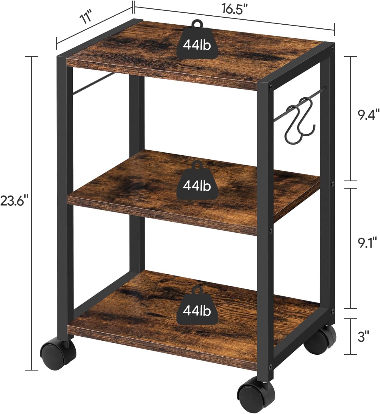 ALLOSWELL Mobile Printer Stand, 3-Tier Printer Cart Under Desk with Storage, Industrial Rolling Cart with 2 Hooks, Sturdy Little Cart on Wheels for Home Office, Rustic Brown and Black PTHR4001 : Office Products