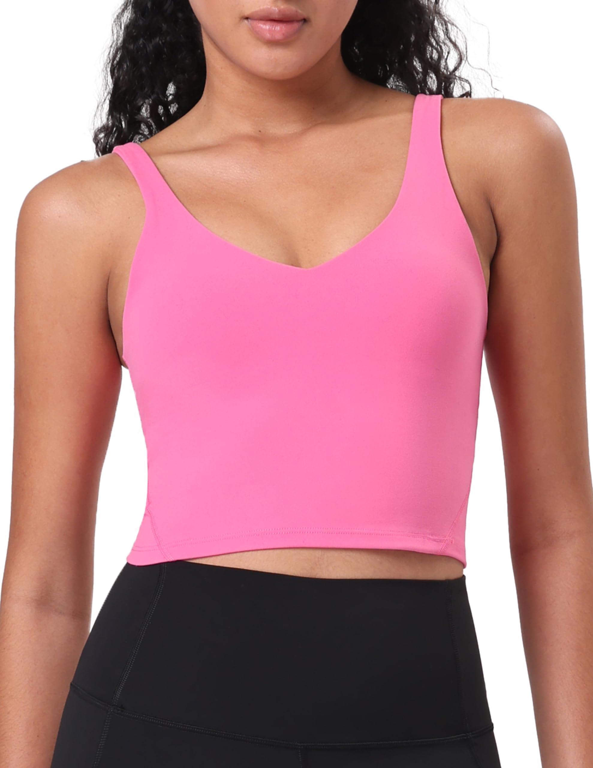 YUNOGA Longline Sports Bras for Women Cropped Tank Top with Built-in Bra Athletic Workout Yoga Bra Tops, Hot Pink Large