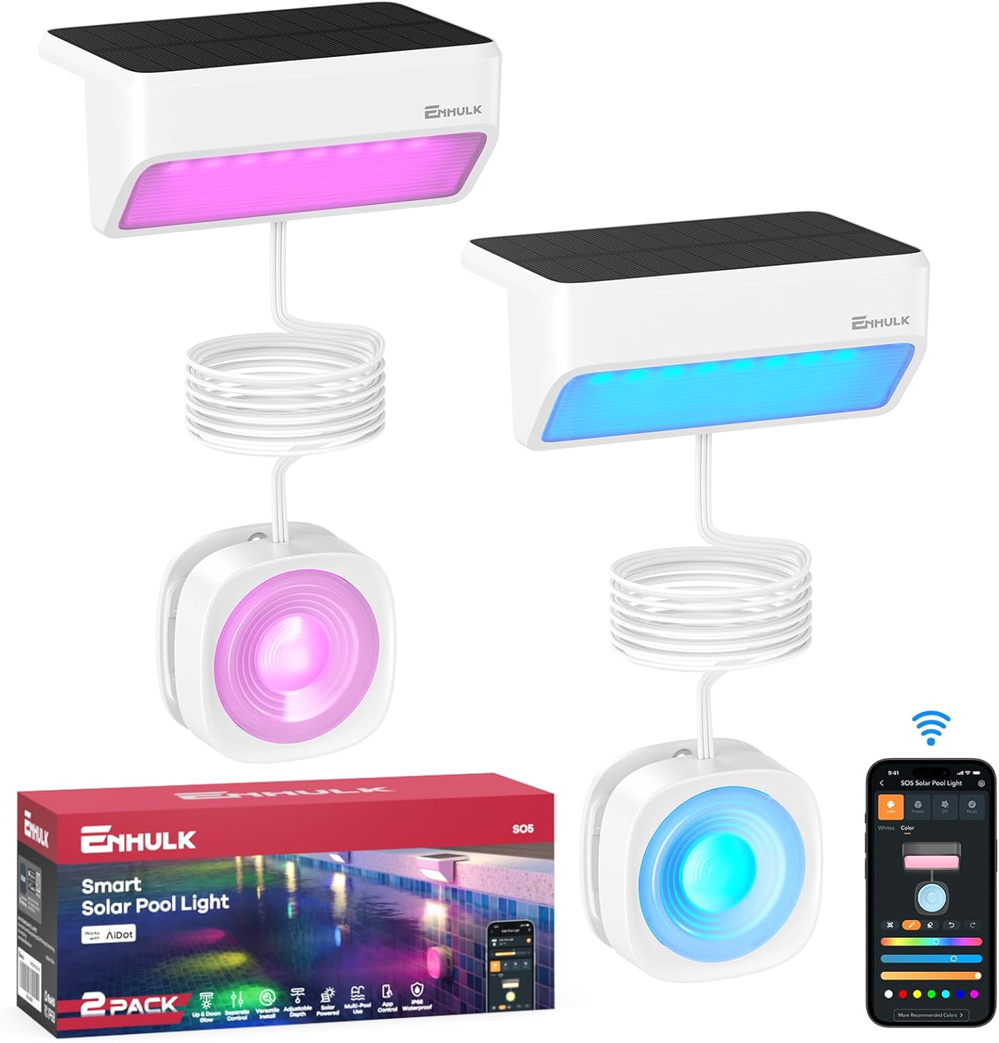 Pool Lights with APP Control - 43+ Color Scenes & Timer, IP68 Waterproof Above Ground Pool Light,Poolside Solar Light, RGBW Solar Pool Lights for Garden, Pond, Patio (White 2-Pack)