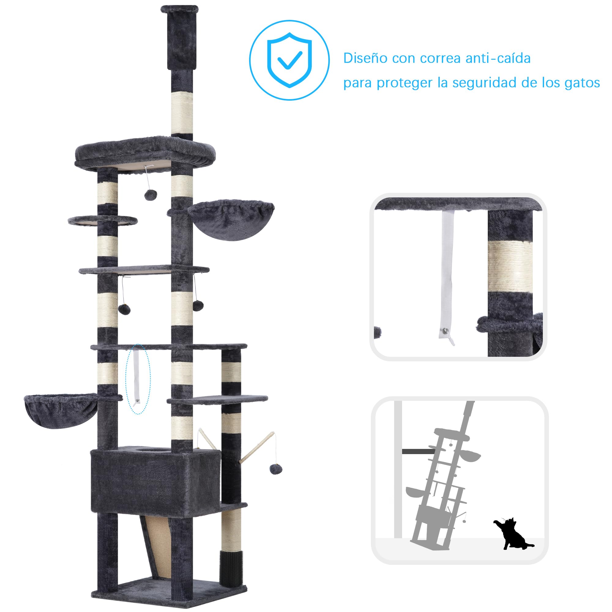 Hey-brother Rascador para Gatos XXL, Altura Ajustable, 250 cm - 280 cm, hasta el Techo, Torre para Gatos Grandes, con Cueva, Color Gris Ahumado 0MPJ091G