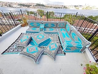 Light Blue Floor Cushions, L Shaped Sectional Sofas, Corner Arabic Sofa Set, Pallet Sofa, Arabic Majlis, Pouffs, Turkish Floor Seating Set (L Sofa Full Set)