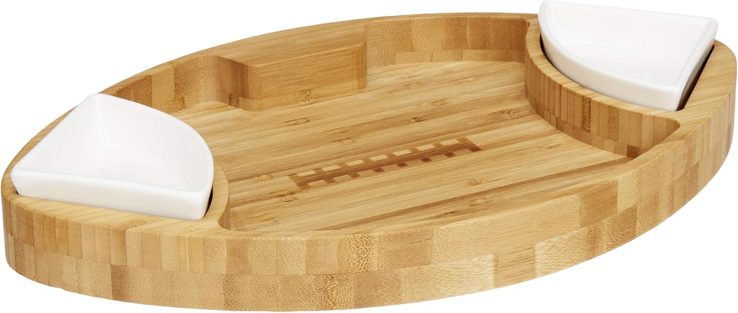 Football Shaped Bamboo Serving Tray (10" x 16" x 2.5”) Includes 2 Dip Trays - Large Chip Serving Dish for Parties