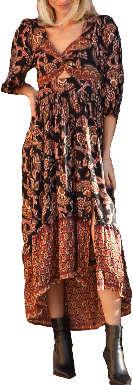 Angie Womens Angie Women's Long Sleeve Printed Maxi Dress with Slit