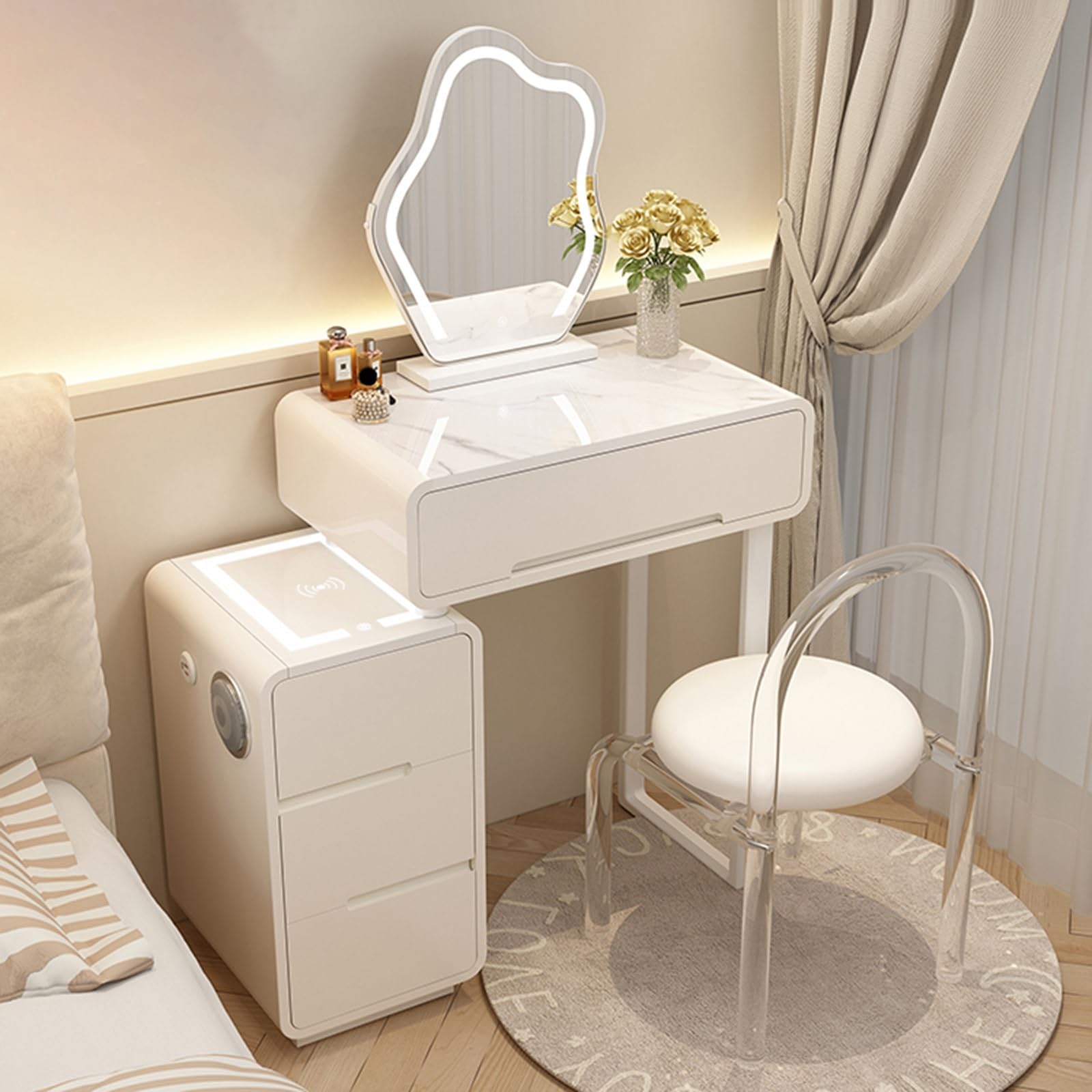 asdchZen Led Lighted White Vanity Set, Makeup Table With Mirror & Cushioned Stool, Stylish Dressing Table For Girls & Women, Perfect Bedroom Furniture,Type-c-50cm/19.7in