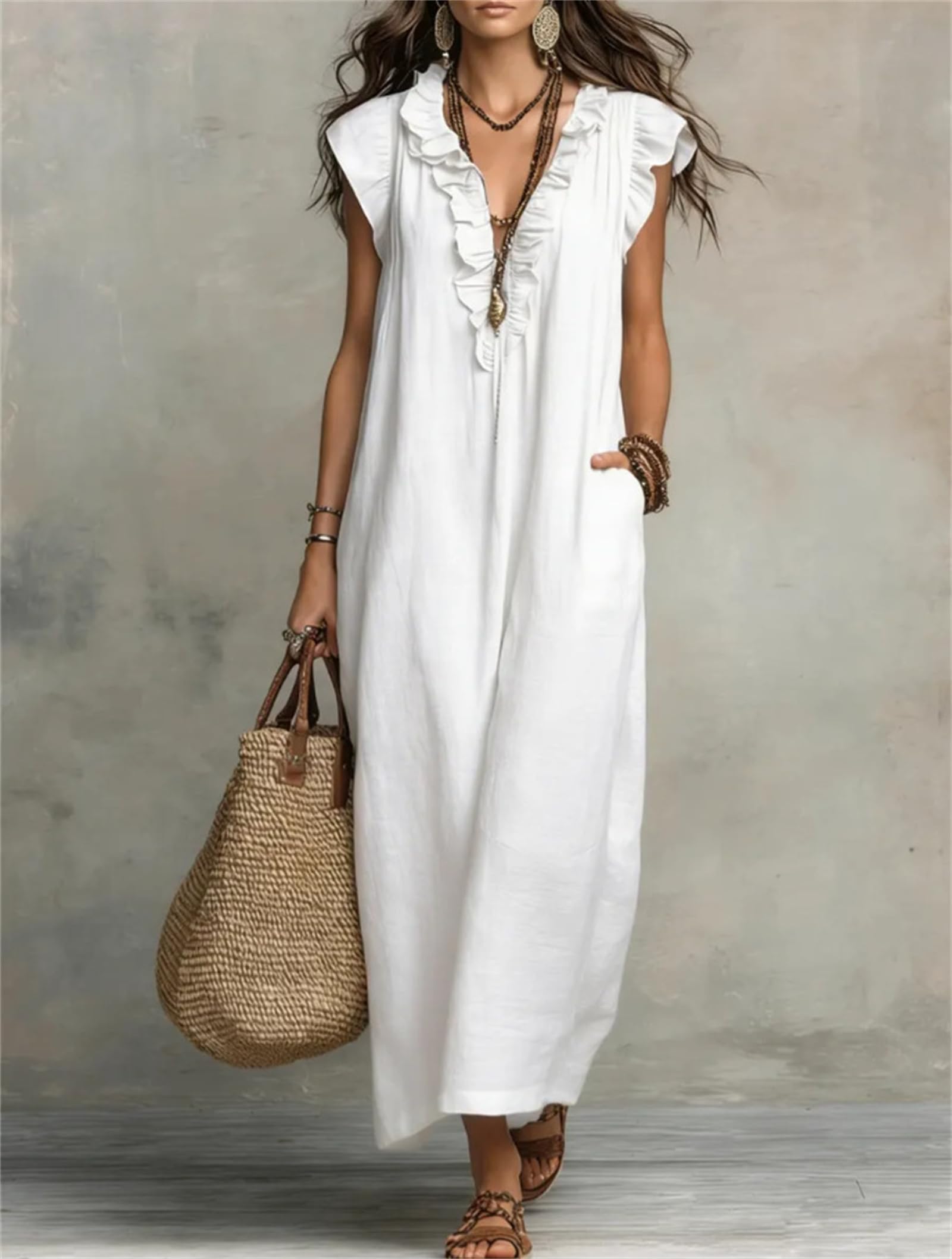 Générique Robe Longue Fluide pour Femme – Style décontracté et Artistique, Unie, en Coton et Lin, sans Manches, col en V à Volants