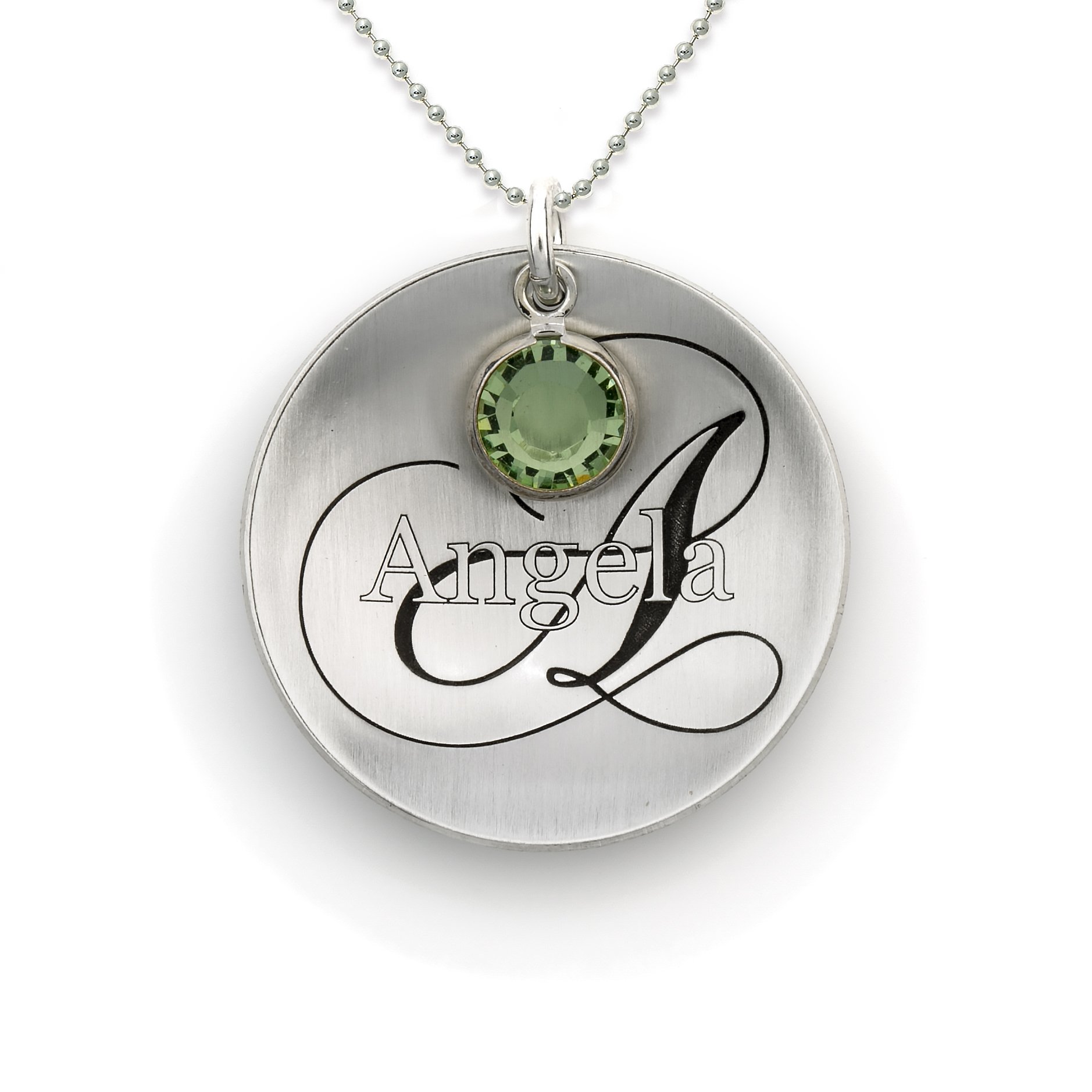 AJ's CollectionDomed Name Like No Other Personalized with Swarovski Birthstone Necklace. Sterling Silver Pendant Showcases a Name and Monogramm Initial. Includes a choice of 925 Chain. Unique, Trendy Gifts for Her