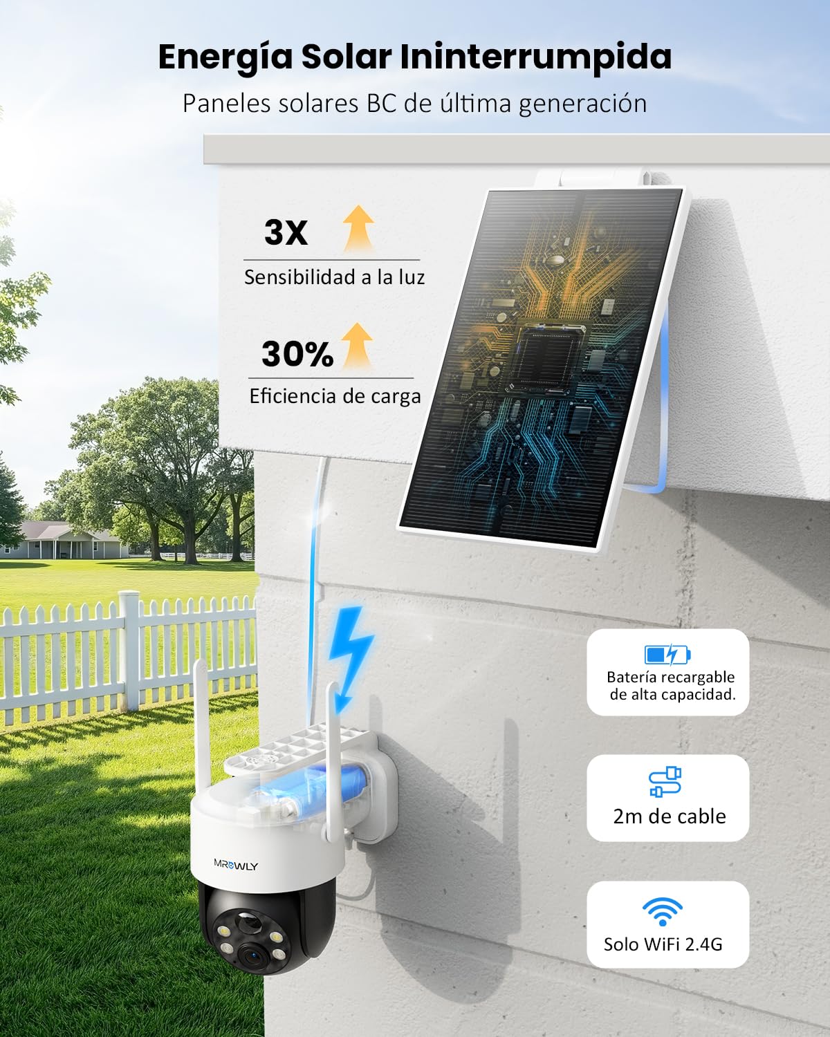 2K Camara Vigilancia WiFi Exterior Solar, Camara de Vigilancia con Batería Recargable, 3MP Vision Nocturna Color, 360°PTZ, Detección de Movimiento PIR, 2.4GHz, IP65
