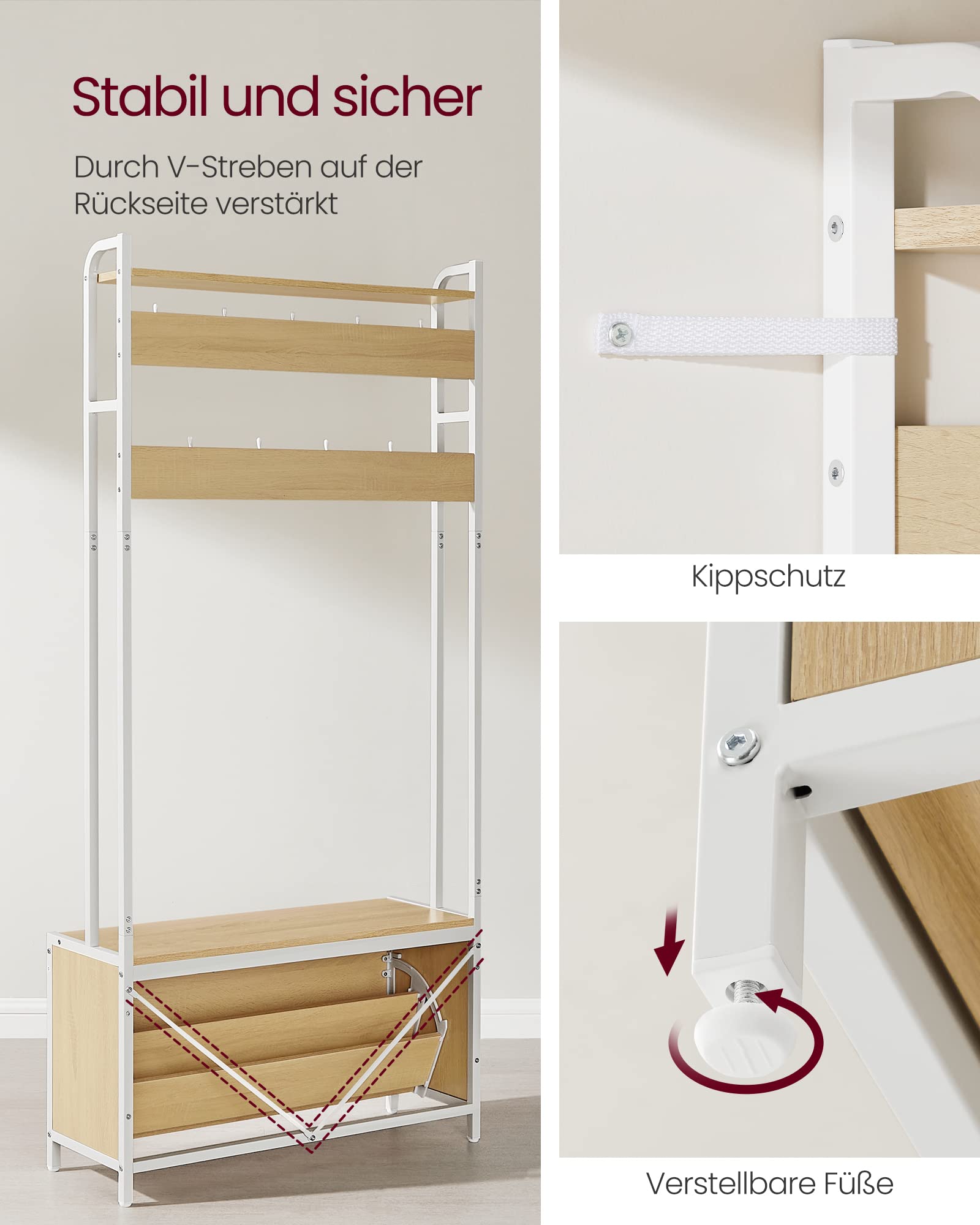 VASAGLE Garderobenständer mit Schuhschrank, Garderobe mit Sitzbank, Kleiderständer, Schuhkipper, 9 Haken, obere Ablage, für Flur, Schlafzimmer, modernes Design, eichenfarben-weiß HSR405W09