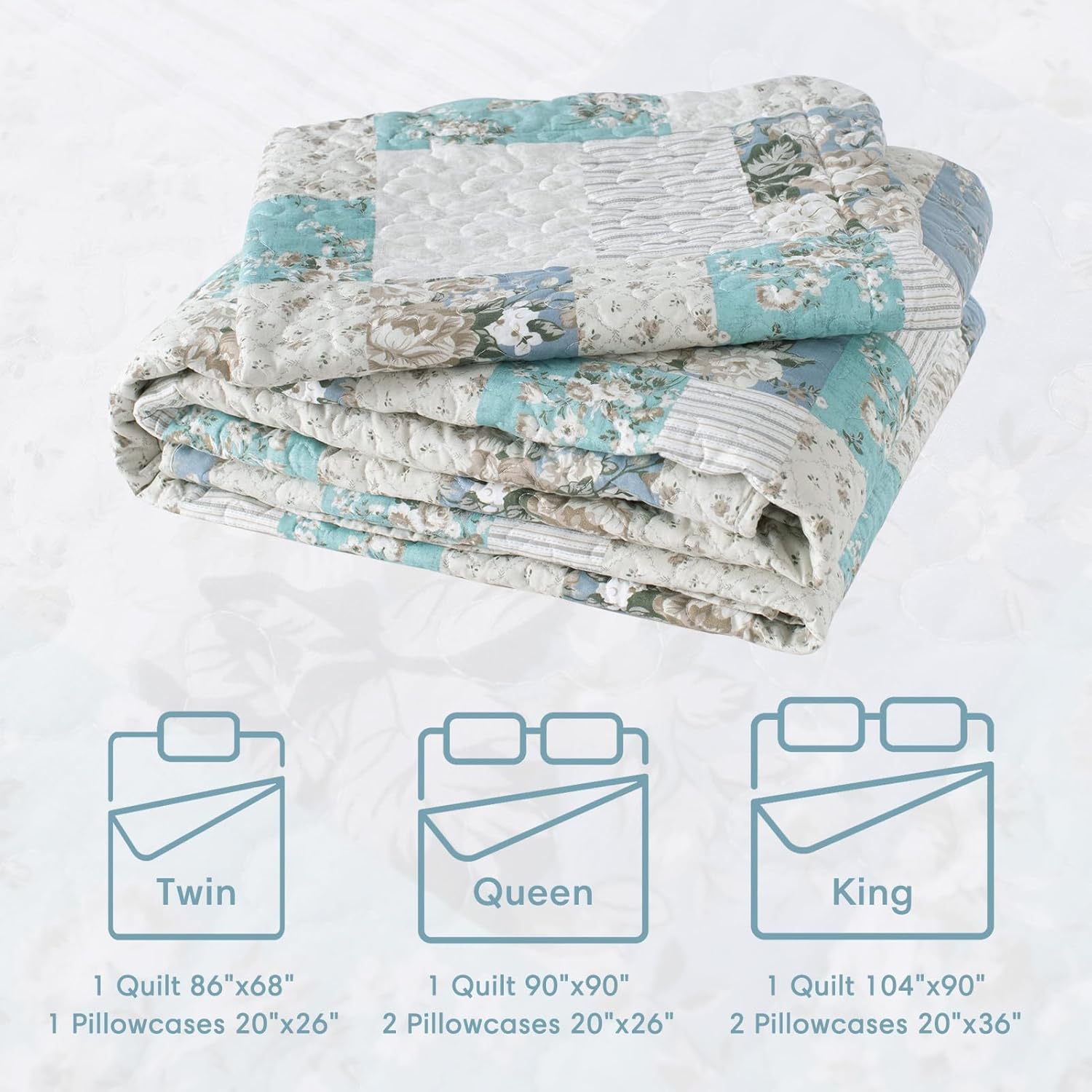 KASENTEX Country-Chic Printed Pre-Washed Quilt Set - Microfiber Fabric Quilted Pattern Bedding (Multi-Aqua Green, King + 2 Shams)