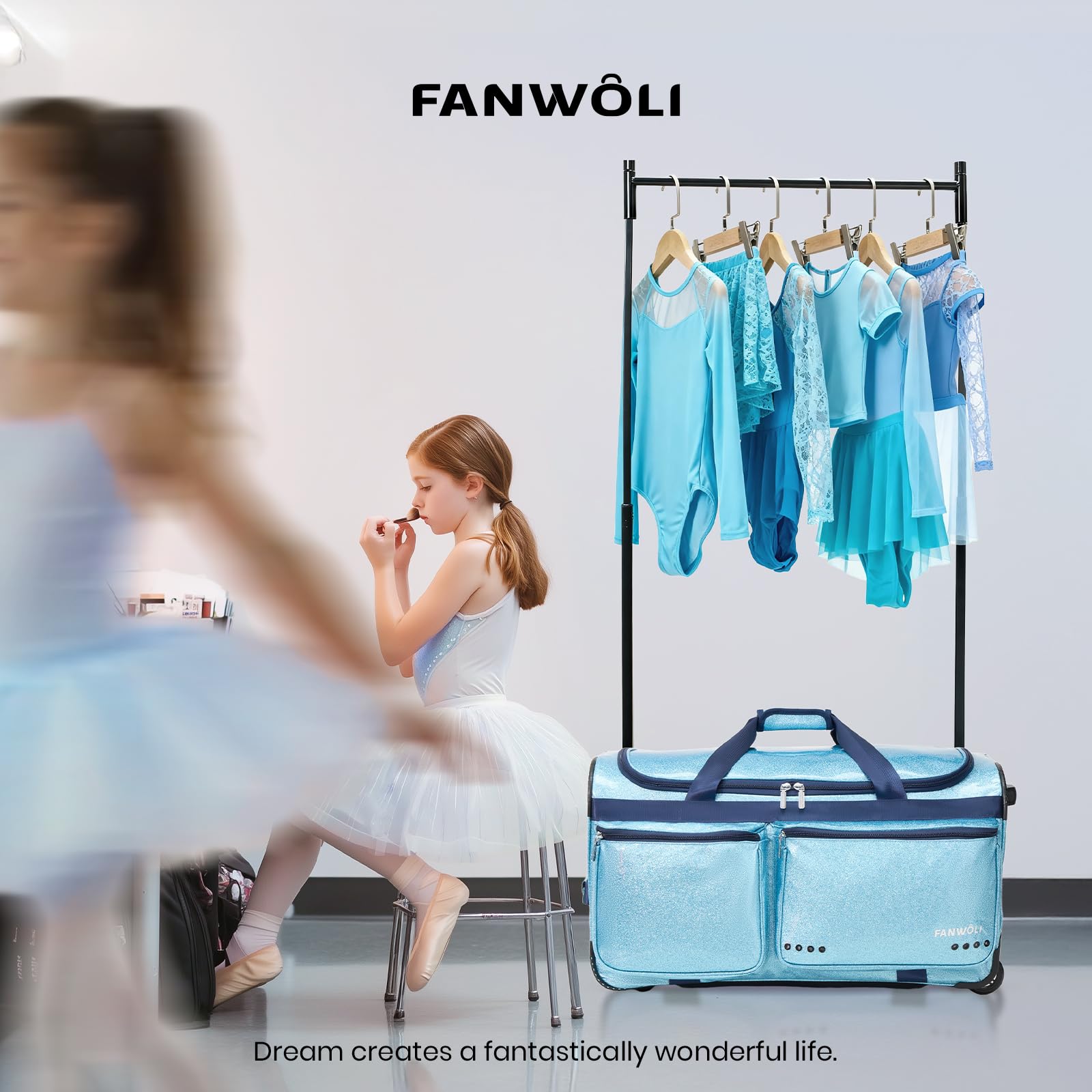 Fanwoli Tanztasche mit Kleiderständer, 71,1 cm, glitzernder, wasserdichter Stoff, Shine-Bright-Kollektion, ideale Roll-Wettkampfausrüstung, Seesack für professionelle Tänzer, Cheerleader, Turner