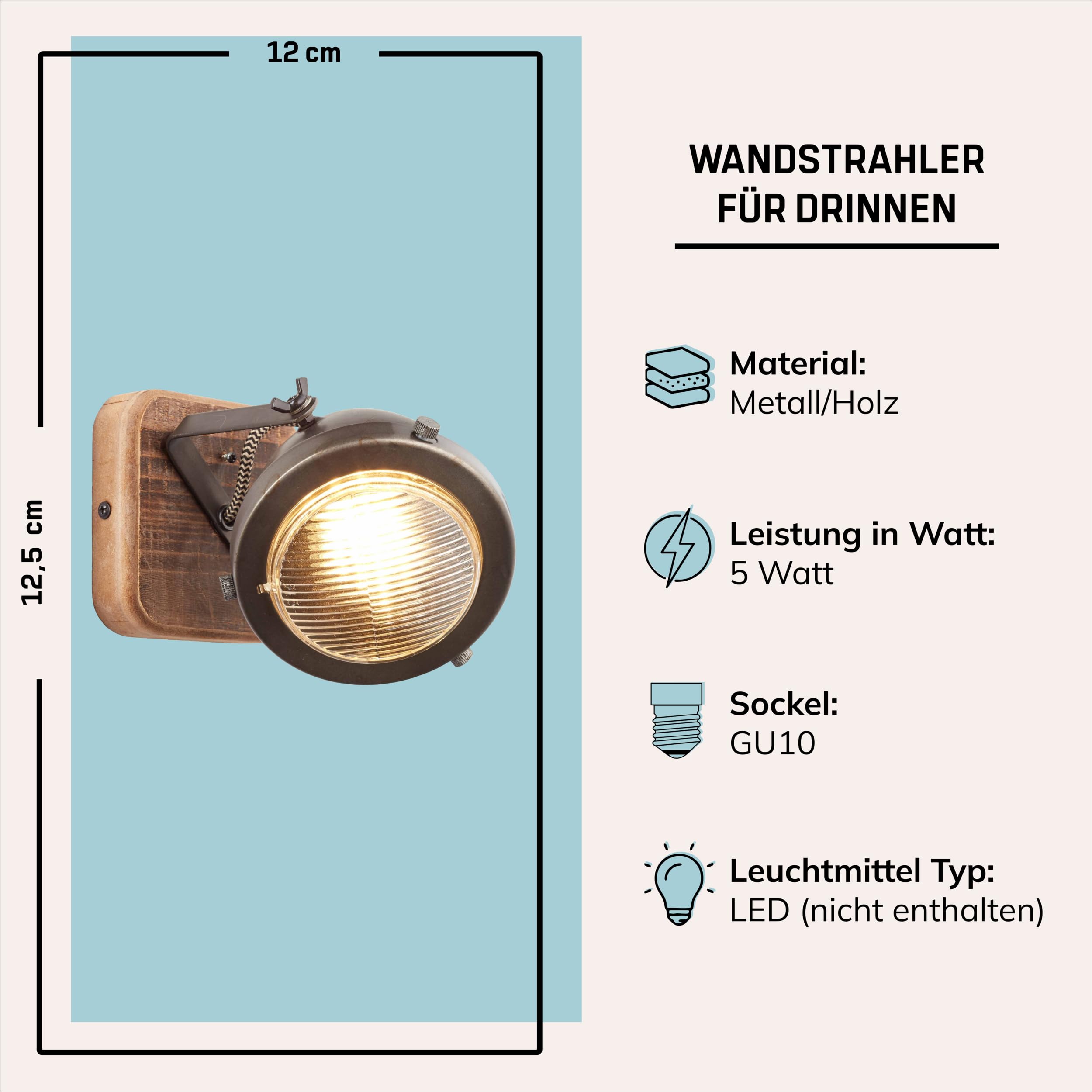 Lightbox rustikaler Wandstrahler mit ausgefallenem Retro Design | 12 x 12cm | Stylischer Wandspot für schönes Flair im Eingangsbereich | Material: Metall/Kiefernholz | Farbe: Braun/Stahlfarben