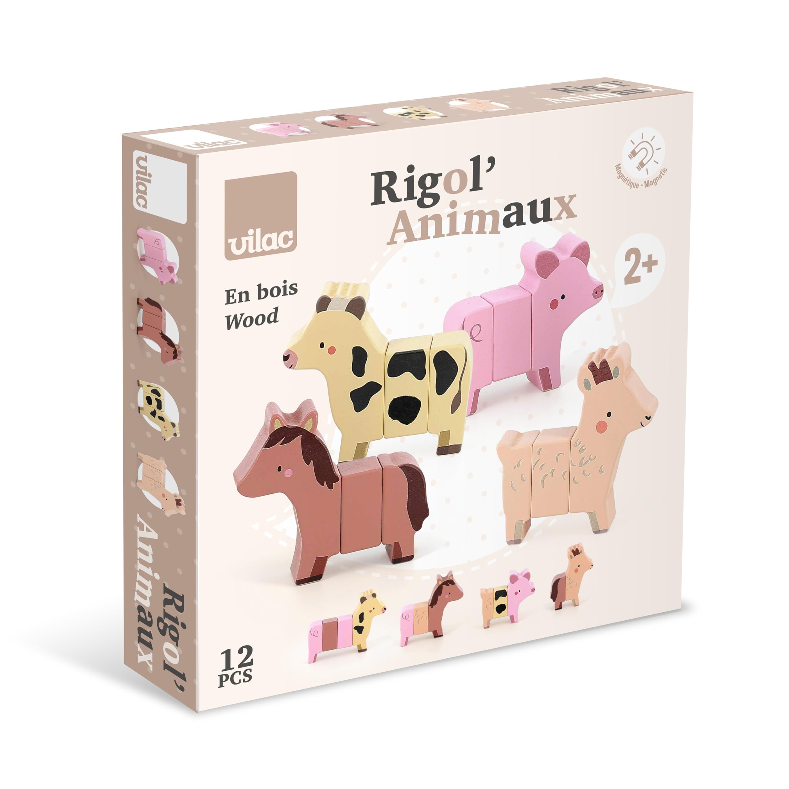 Vilac Rigol'animos Sarah Betz prima età-4 animali della fattoria magnetici ricomporre (12 pezzi in totale) -Giochi di risveglio legno-Giocattolo per bambini dai 2 anni-7116, 7116