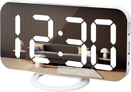 WulaWindy Digital Alarm Clock, Large Mirrored LED Display, with USB Charger, Snooze Function Dim Mode Wall Hanging Beside Desk Clock for Bedroom Room Decor