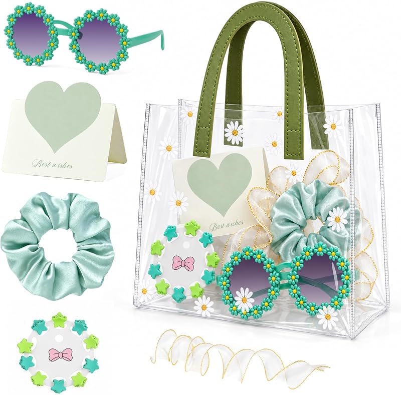 Conjunto com 6 itens VIVOLOOM para convite de florista, com bolsa verde, óculos de sol, presilha de cabelo, elástico, cartão e fita