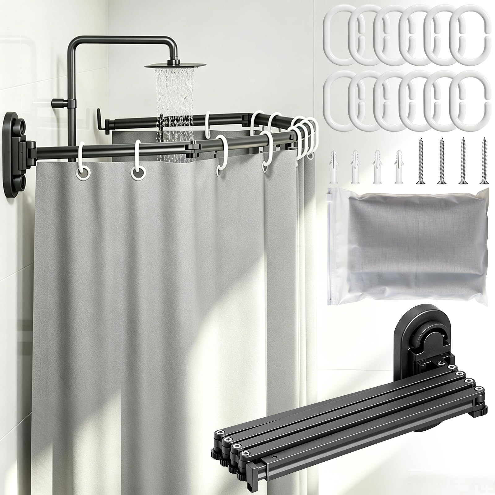 Duschvorhangstange ohne Bohren, mit 2×1.8M Duschvorhang, 1.8M 5-Fach Faltbare Wandmontierte Duschstange L/U-Form, Saugnapf & Schraubmontage für Bad, Wohnmobil & Dusche