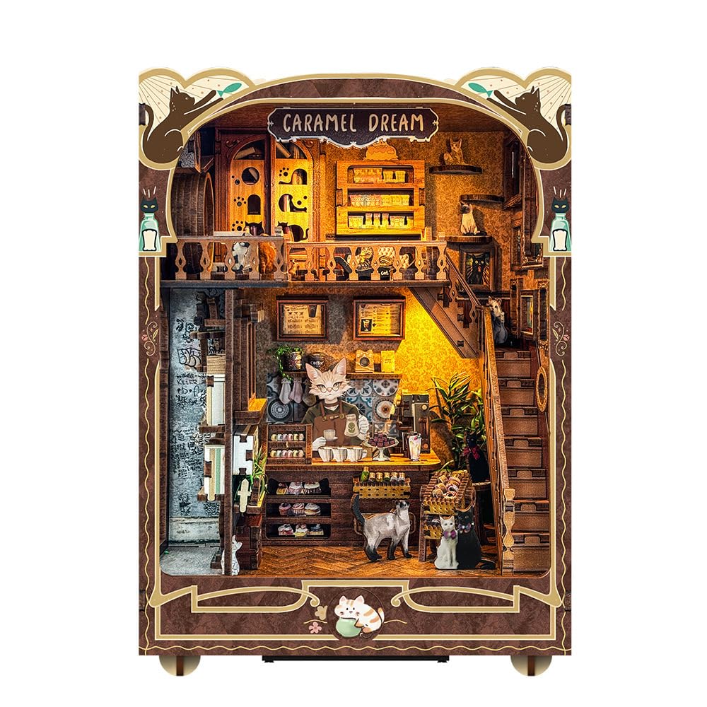DIY Book Nook Kit - Caramel Dreams - Cozy Cat Café - 3D Puzzle, Handcrafted Bookend for Adult