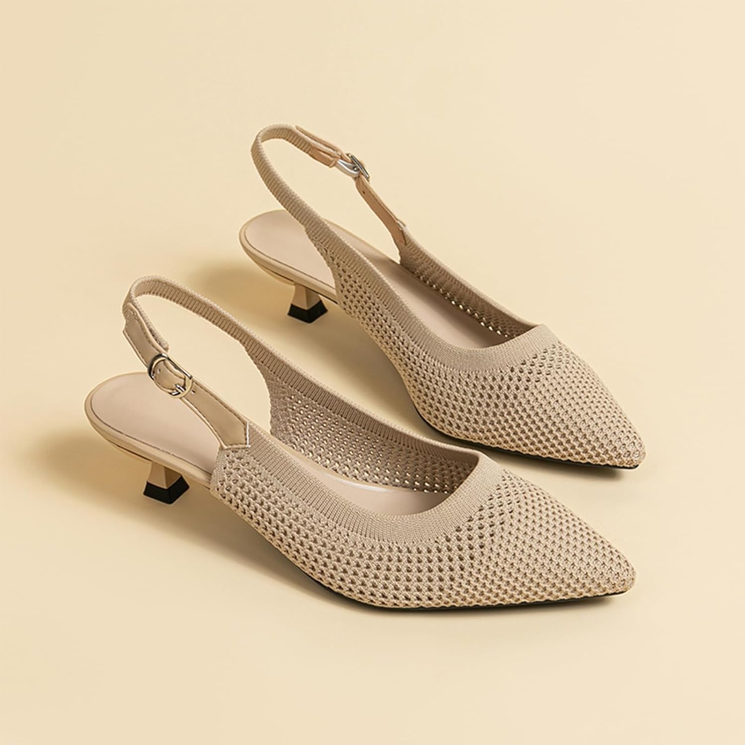 youngshow Womens Adjustable Slingback Heels, Pointed Toe Mid-Low Heel, Cute Knitted Slip On Work Pumps Dress Shoes - Image 3