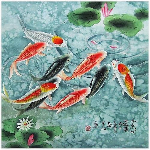 Vista 20 de Pintura tradicional china sobre lienzo, impresiones artísticas de peces koi para decoración de pared, póster de lienzo para decoración de pared