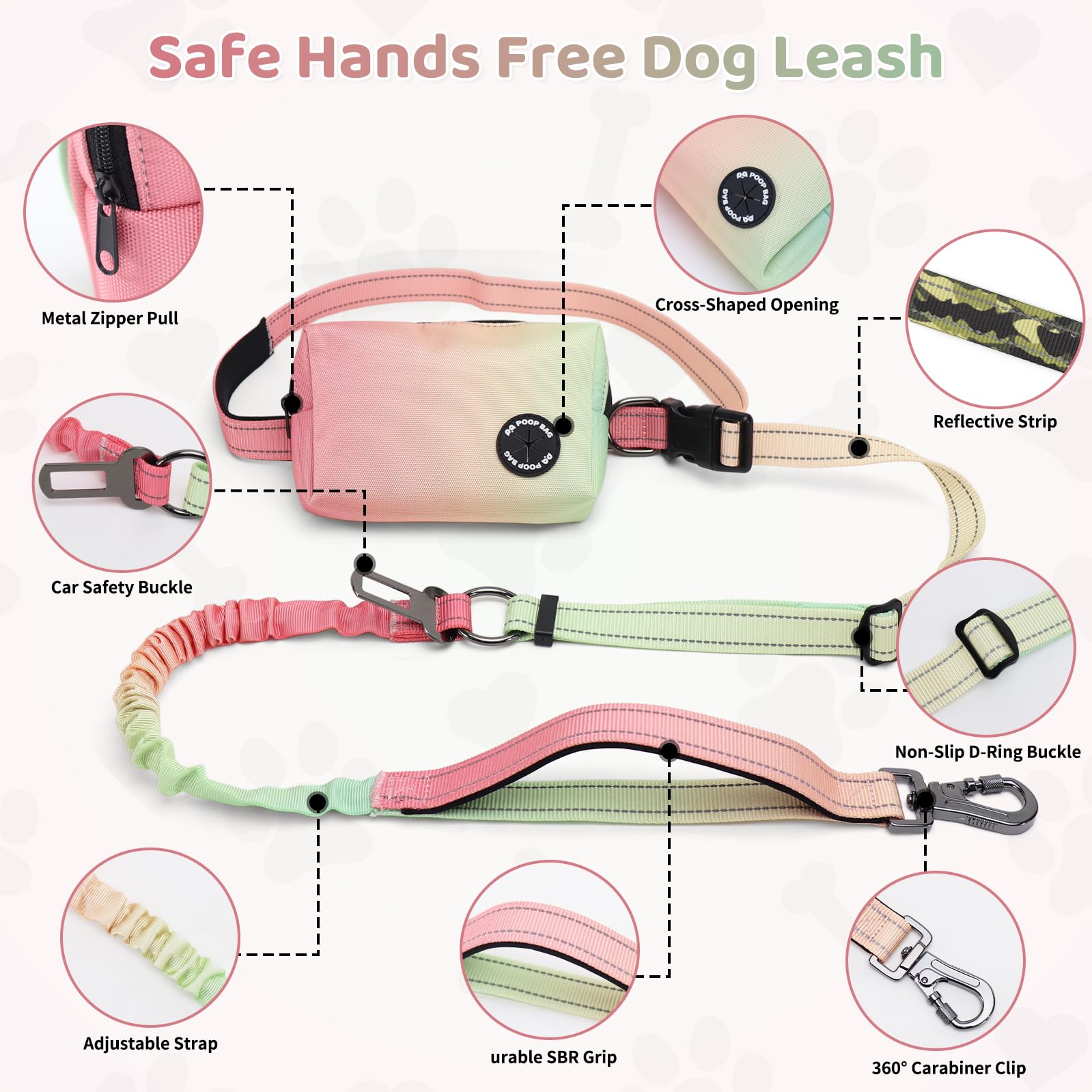 Laisse élastique rétractable mains libres à double poignée avec bordure réfléchissante, ceinture réglable pour promener le chien, course à pied, randonnée – Laisse en nylon durable pour chiens