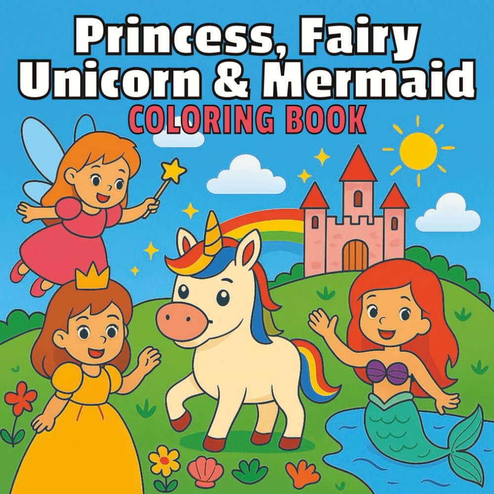 Princess, Fairy, Unicorn & Mermaid Coloring Book: A Magical Coloring Adventure for Kids Ages 4–8 with 40+ Whimsical Coloring Pages of Princess ... Sparkling Fairies & Beautiful Mermaids!