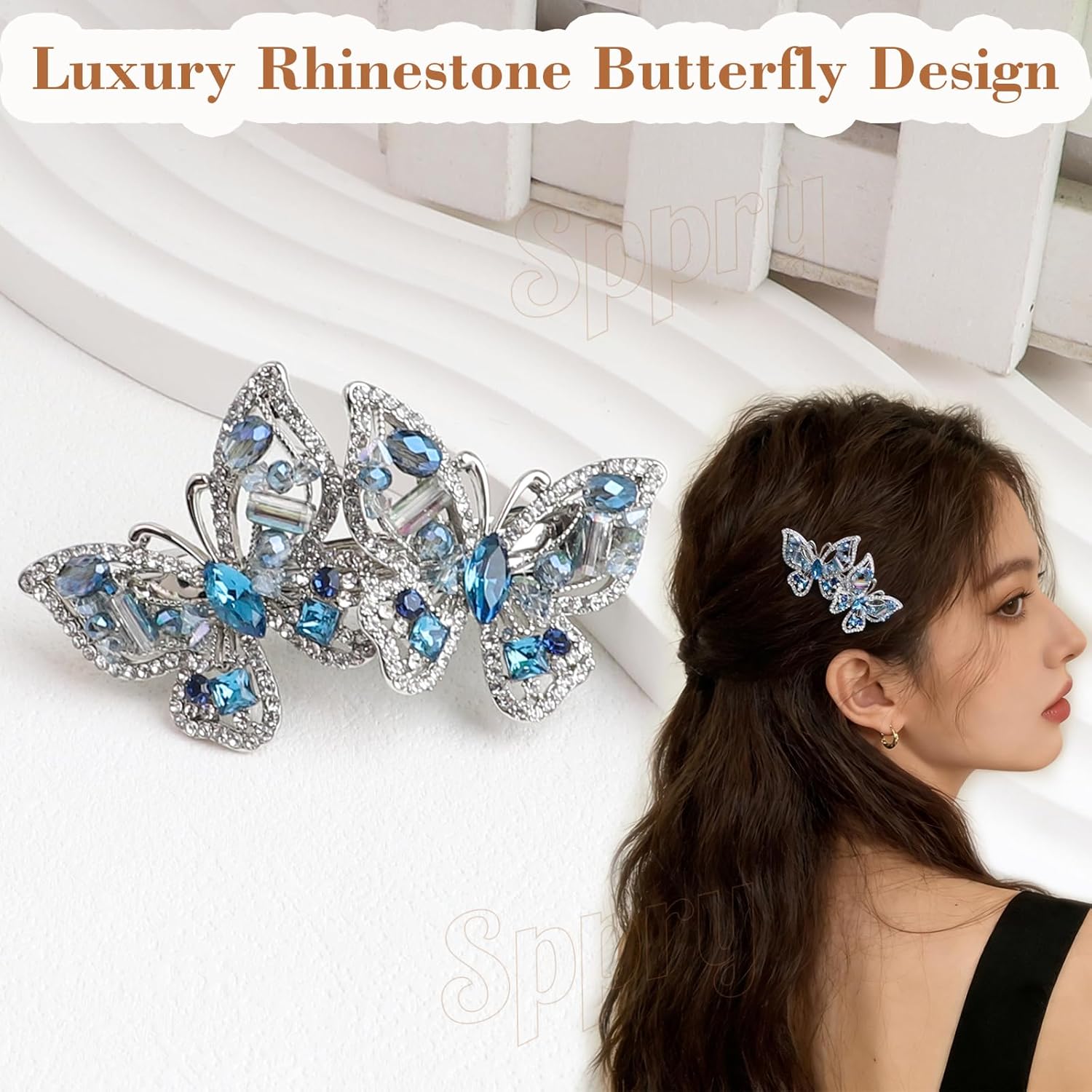Luxury Butterfly Rhinestone Hair Barrette Clip for Women and Girls, Medium Size (Blue)